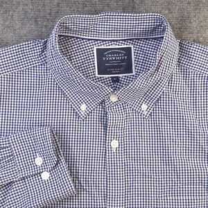 Charles Tyrwhitt Shirt XL Extra Slim Fit Non Iron Blue Check Long Sleeve Button